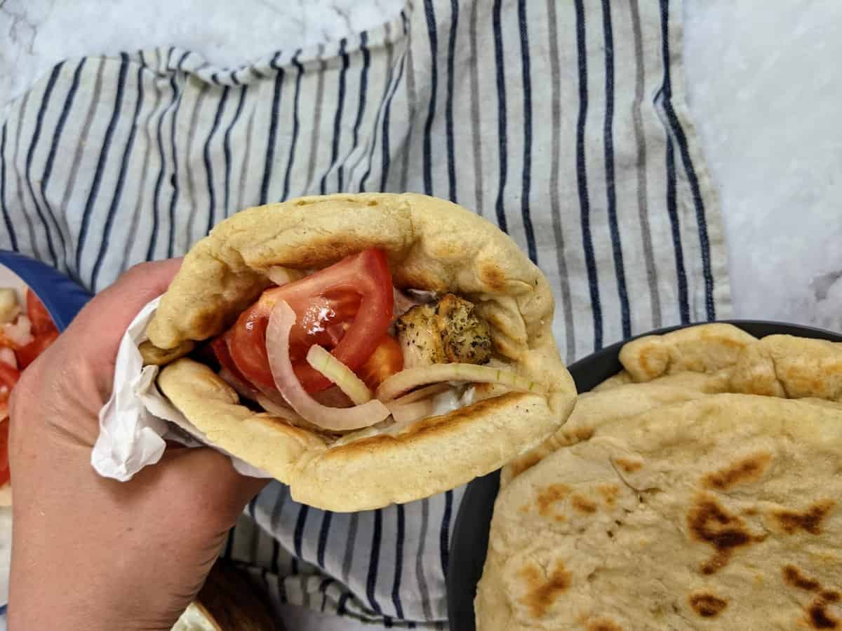 Souvlaki wrap with homemade pita bread.