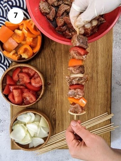 Pork skewer ready with all veggies and meat