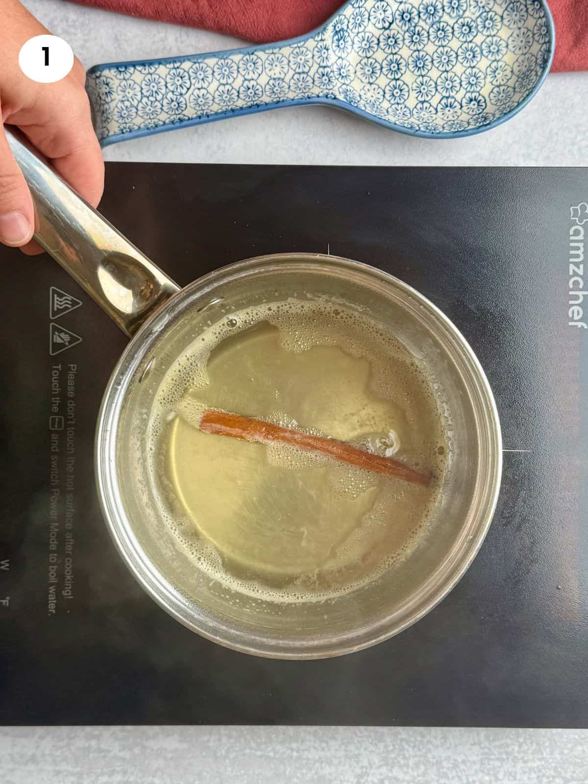 Making the syrup for the crinkle pumpkin pie.
