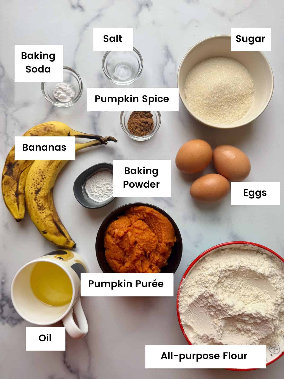 Ingredients for pumpkin spice banana bread Ingredients for pumpkin spice banana bread.