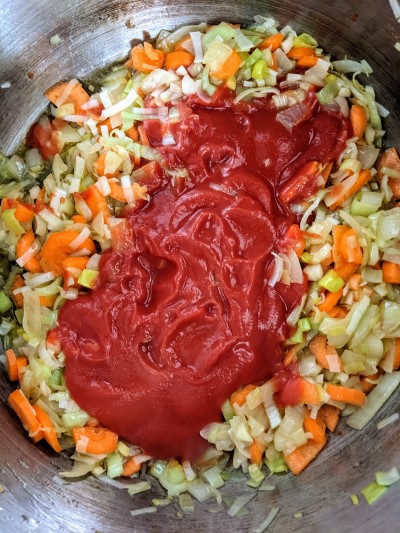All vegetables added to the pot.