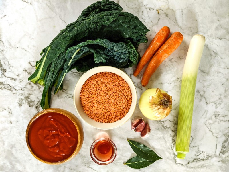 Ingredients for red lentils and kale soup