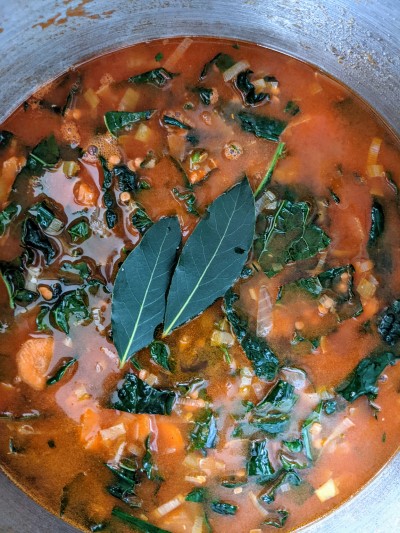 Salt, pepper and bay leaves added to the red lentils and kale soup.