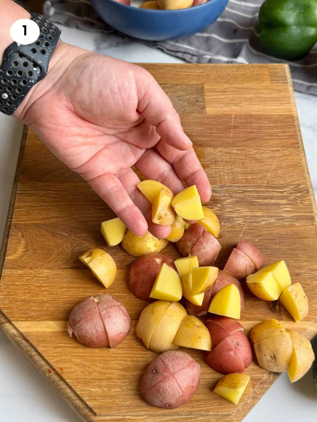 Baby potatoes cut into quarters.
