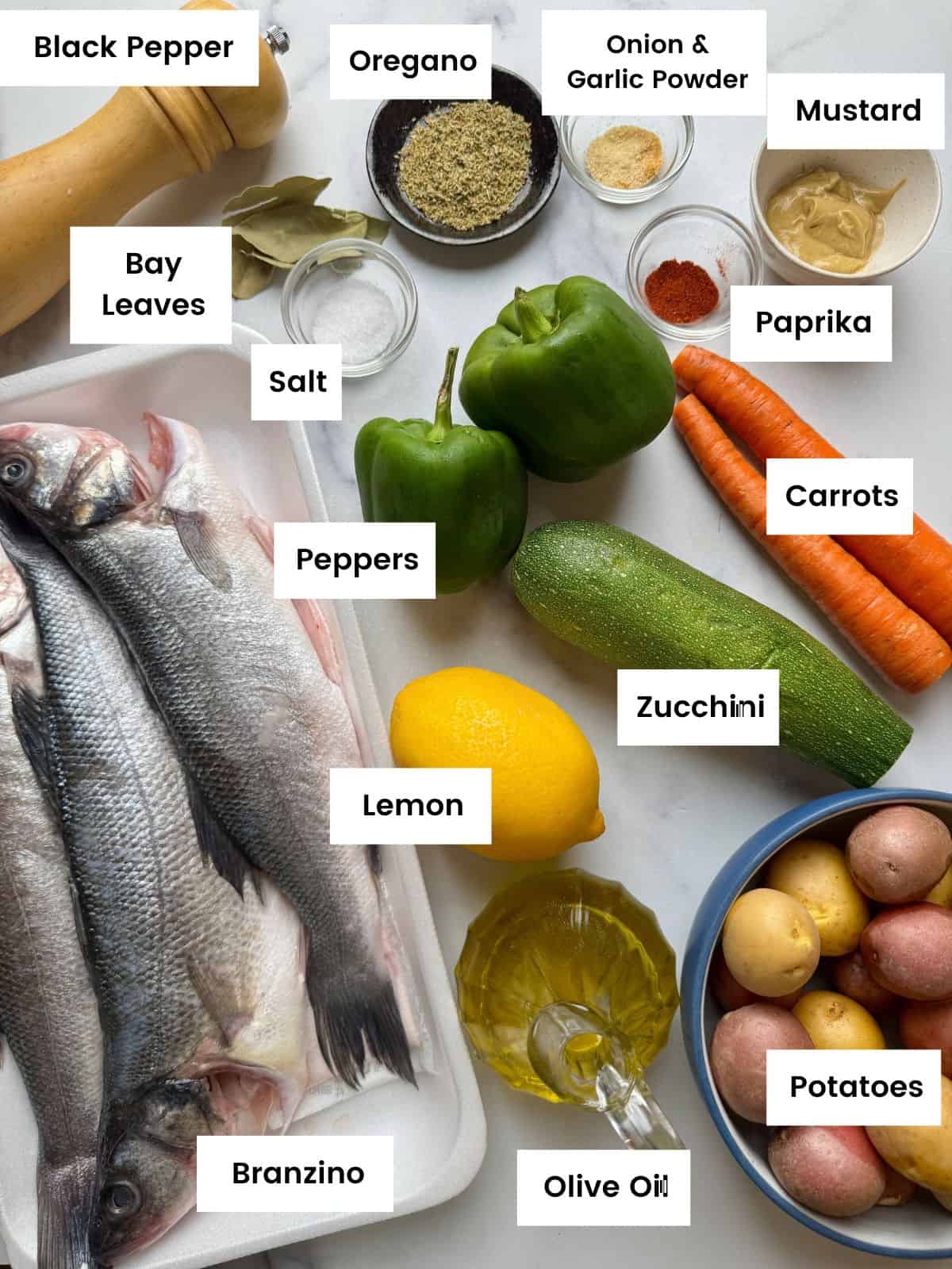 Ingredients for roasted branzino with veggies.
