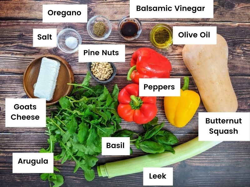 Ingredients for roasted pepper and butternut squash salad.