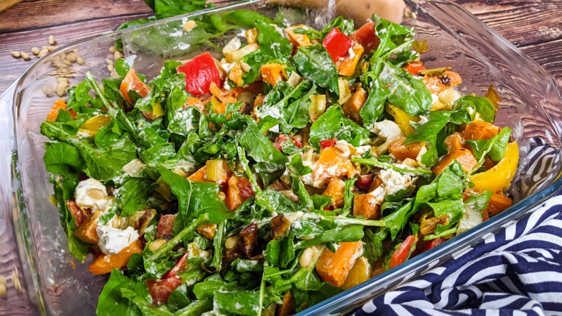 Roasted pepper and butternut squash salad ready to serve.