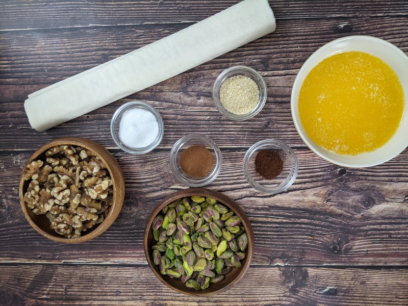 Ingredients for the filling of rolled baklava bites.