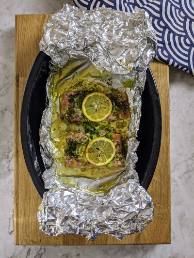 Salmon fillets when they come out of the oven.