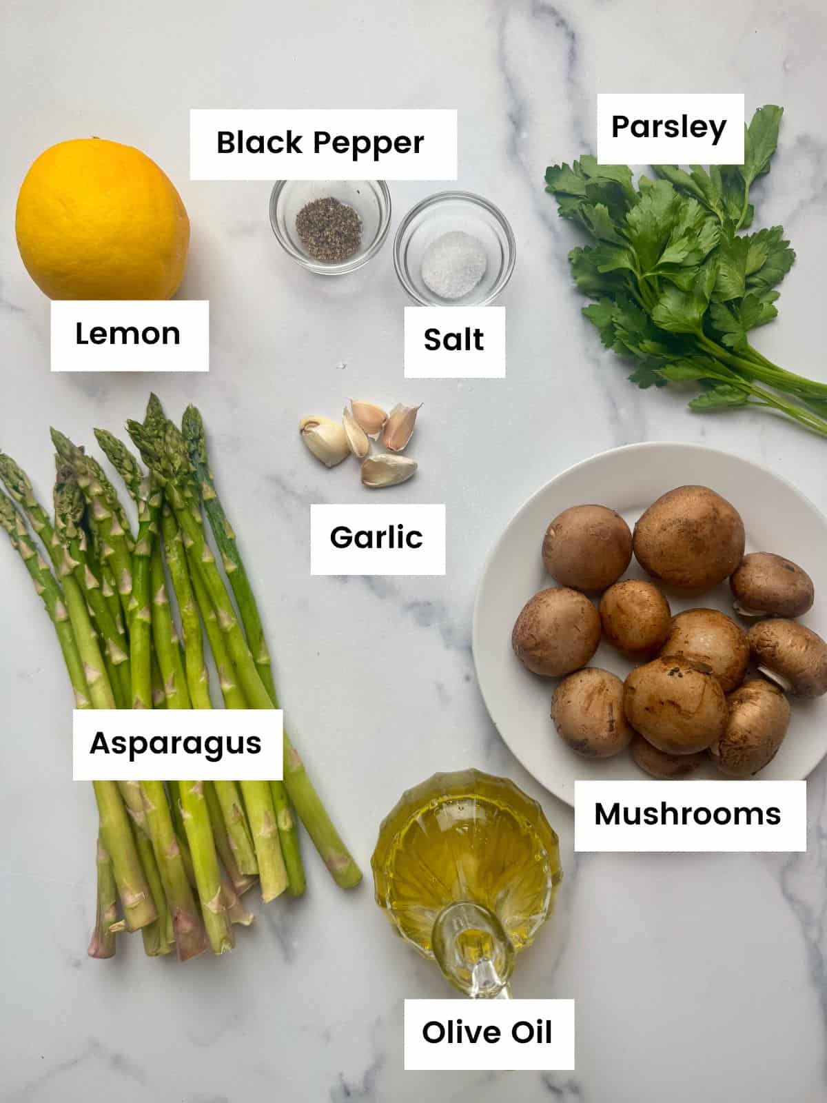 Ingredients for sauteed asparagus and mushrooms.