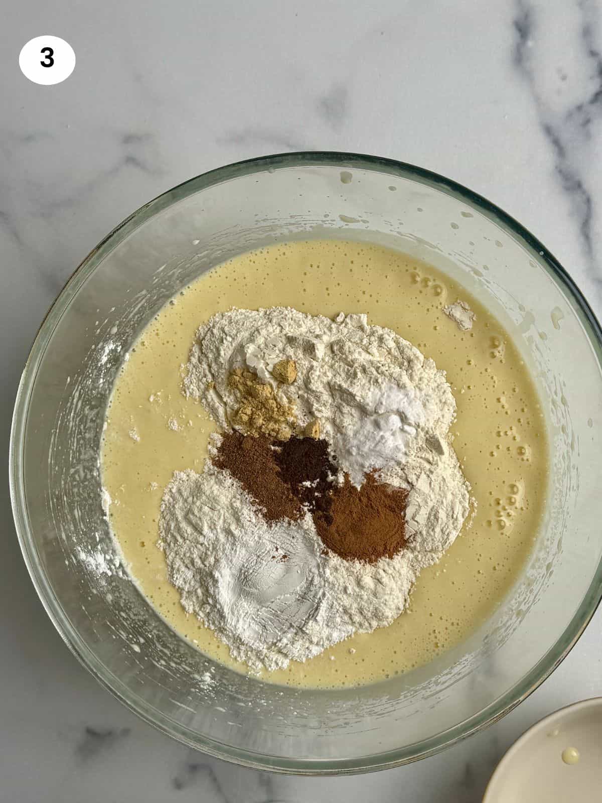 Adding the flour and spices to the batter.