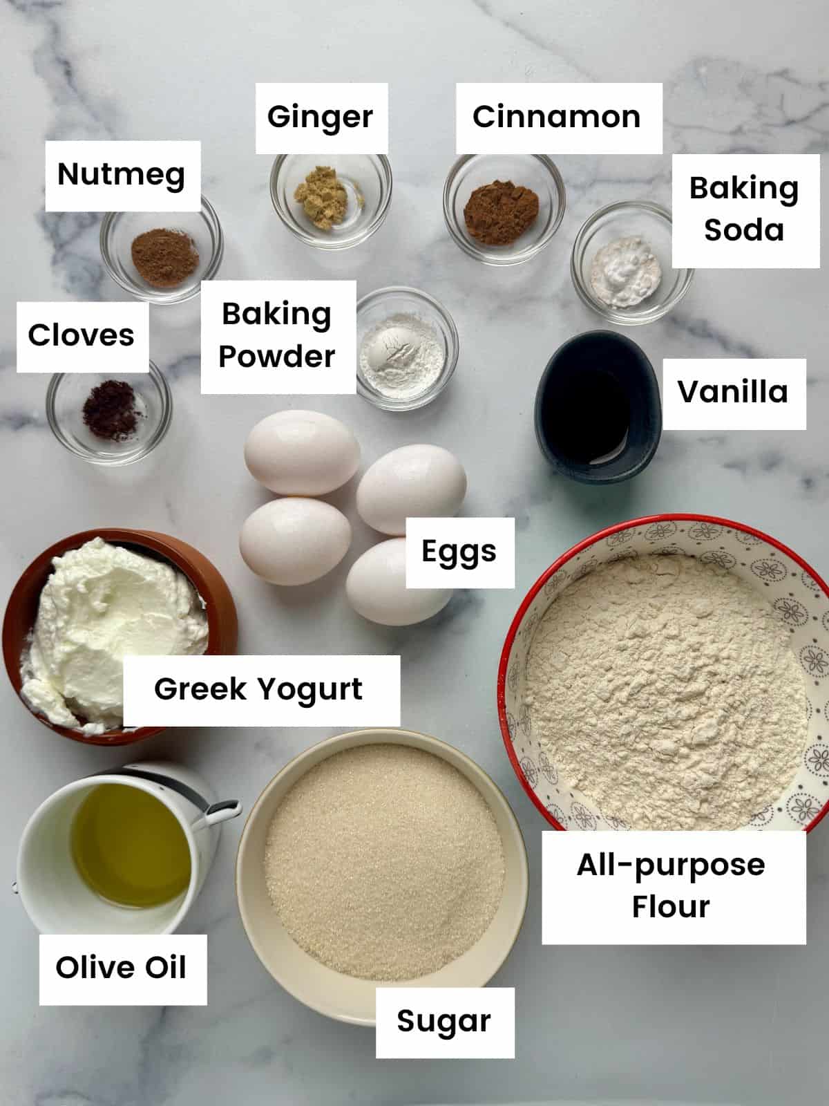 Ingredients for the spiced Greek yogurt pound cake Ingredients for the spiced Greek yogurt pound cake.