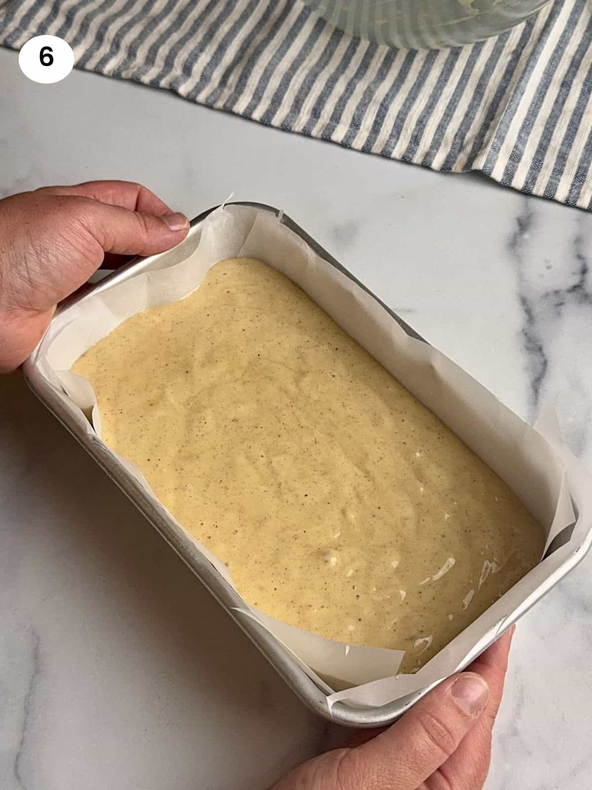 Batter in the loaf pan ready to go in the oven.