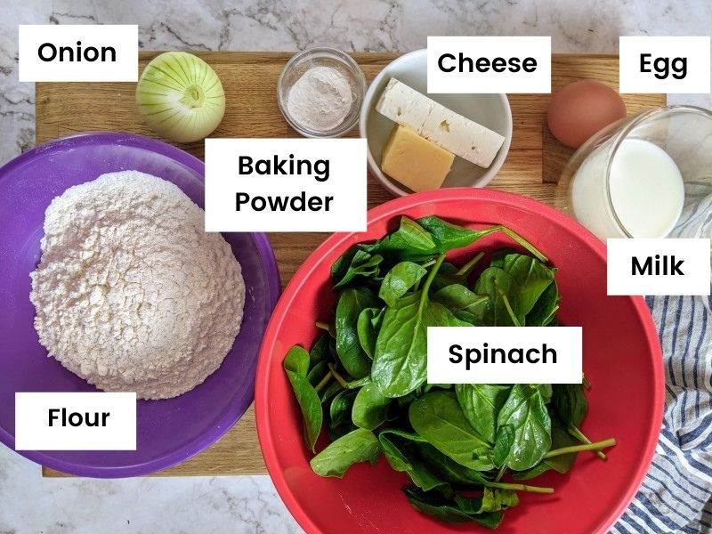 Ingredients for spinach & cheese muffins.