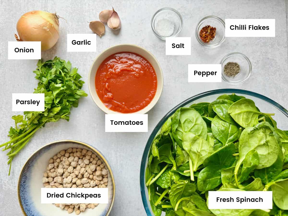 Ingredients for spinach and chickpea stew.