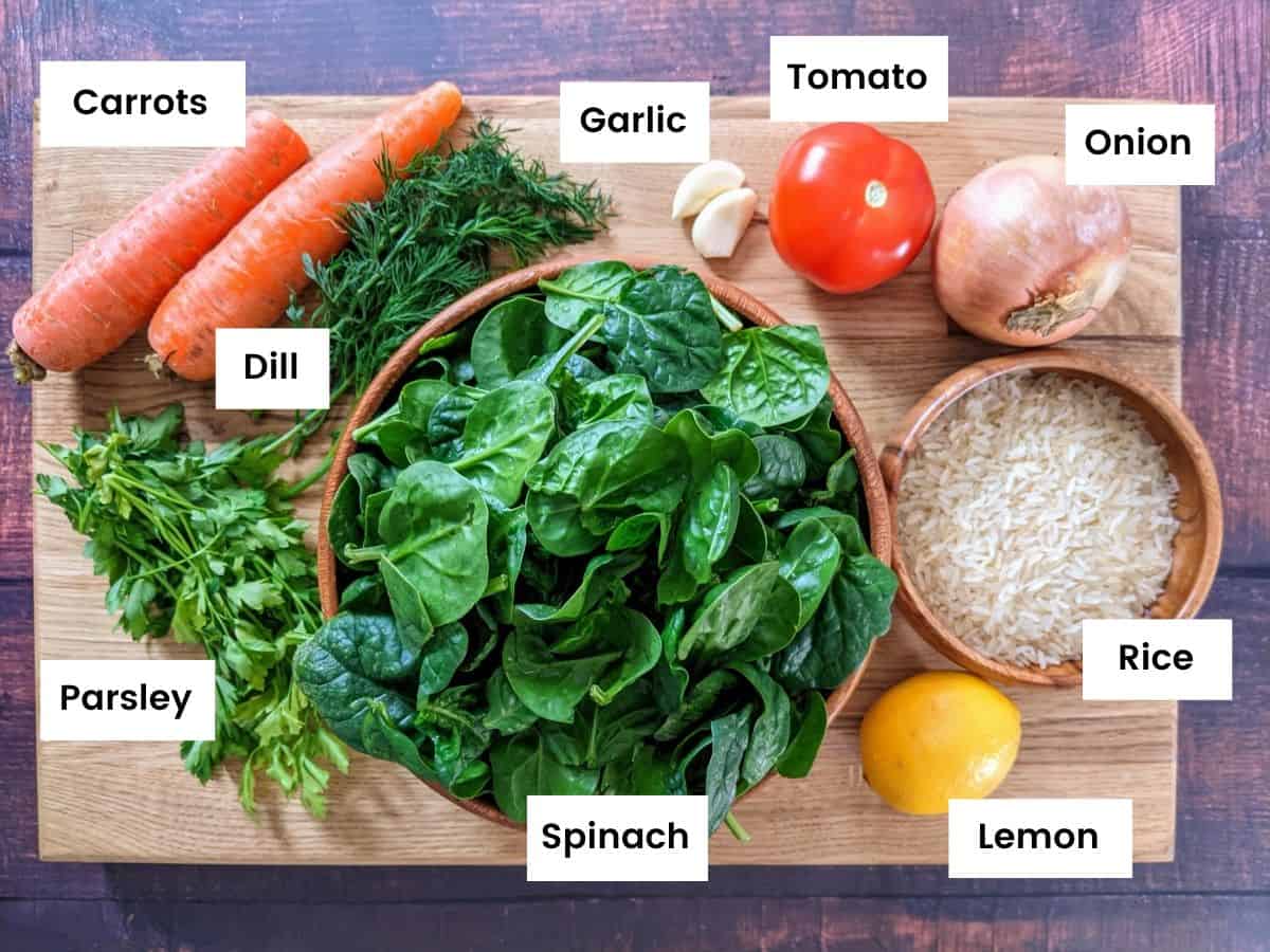 Ingredients for Greek rice with spinach stew.