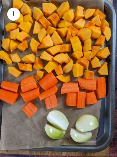 Cutting the vegetables in preparation for baking them