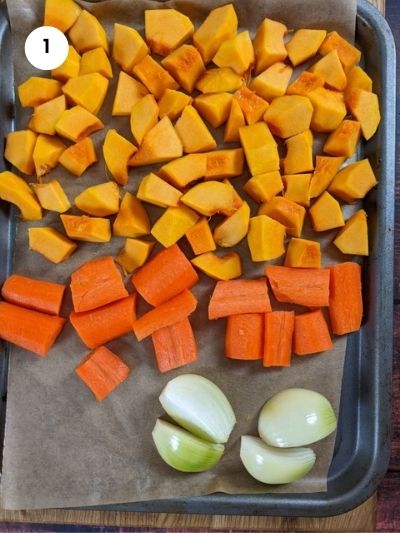 Cutting the vegetables in preparation for baking them.