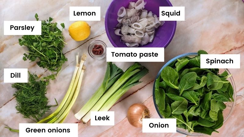 Ingredients for squid stew with spinach.
