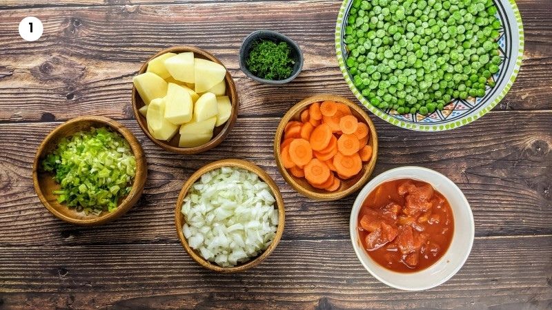 Chopped vegetables in preparation for the stew.