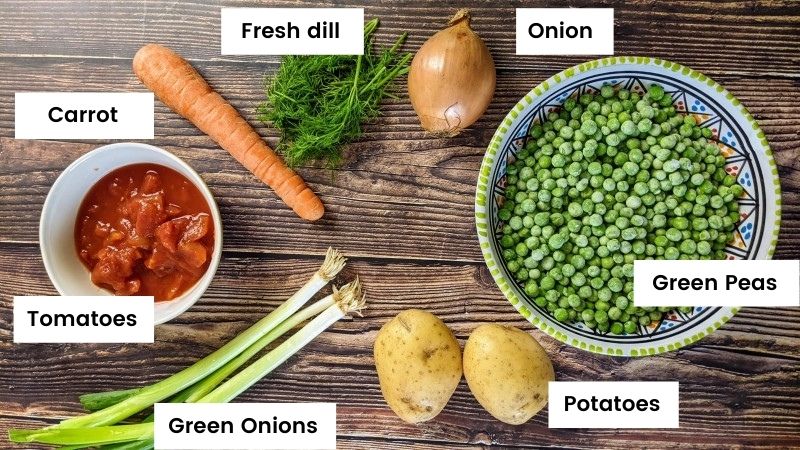Ingredients for stewed peas and carrots.