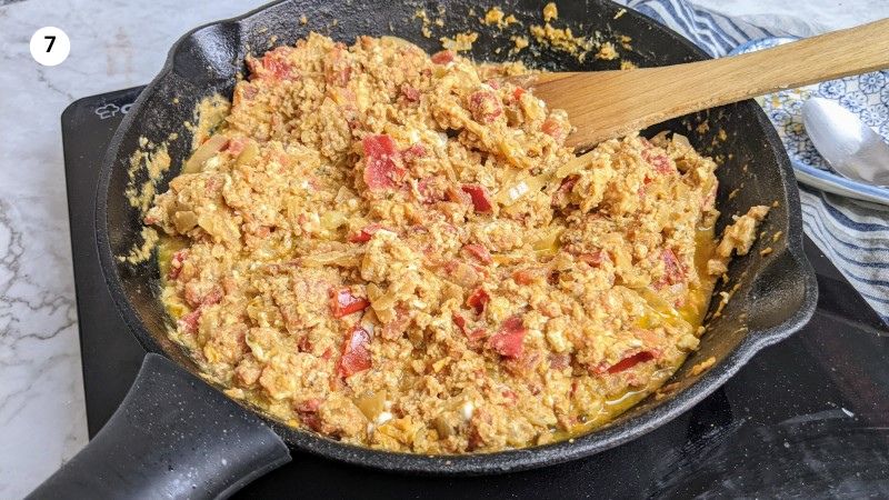 Strapatsada or Greek eggs and tomatoes ready in the pan.