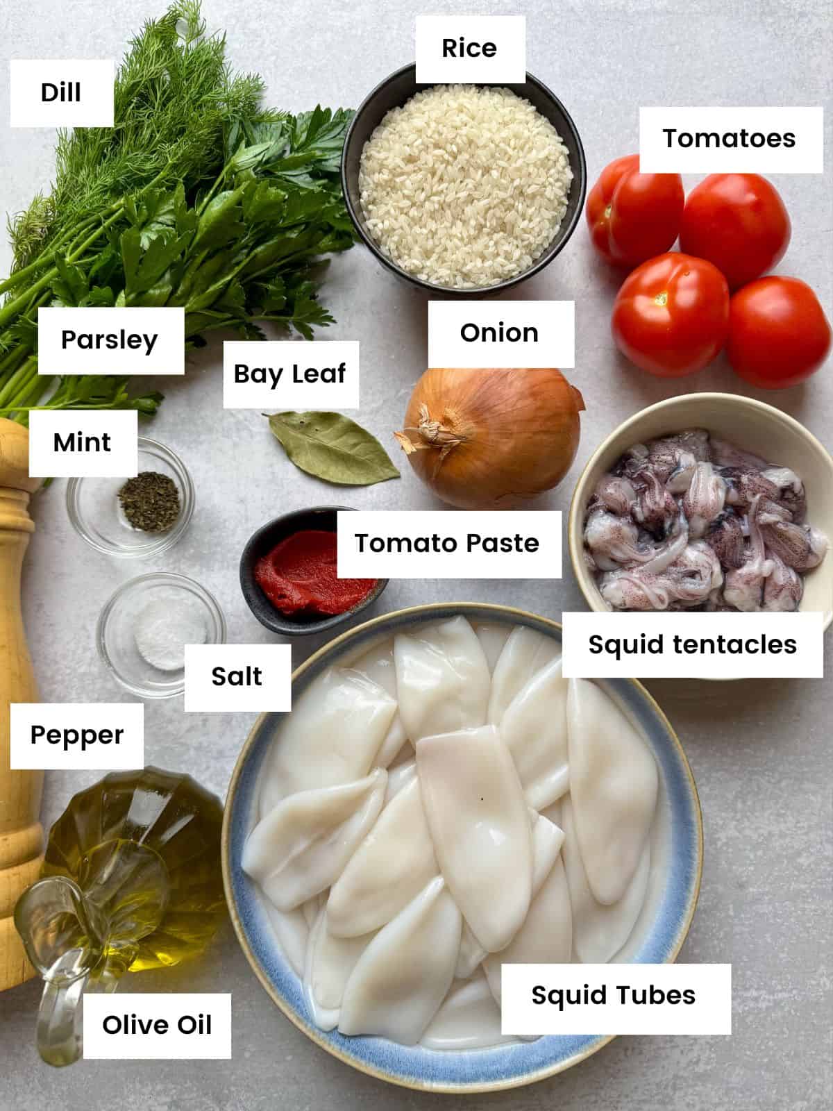 Ingredients for stuffed calamari.