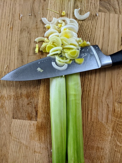 Chopped leek for the stuffed veggies filling.