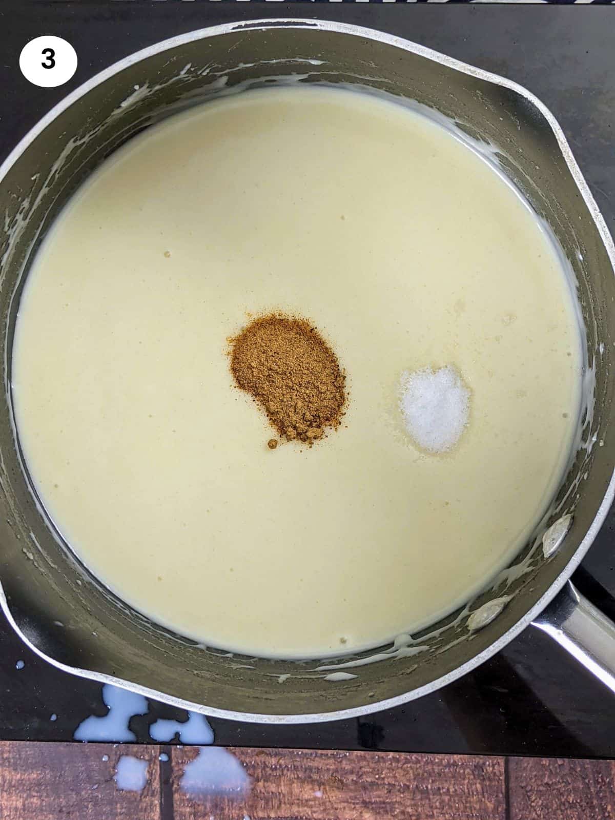 Adding the spices when the bechamel is ready.
