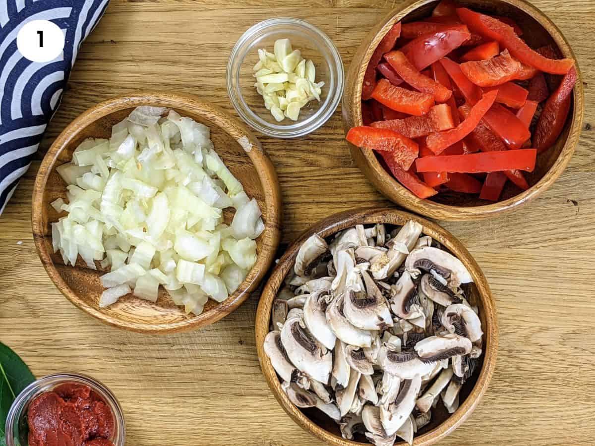 Chopped ingredients for ground beef filling.