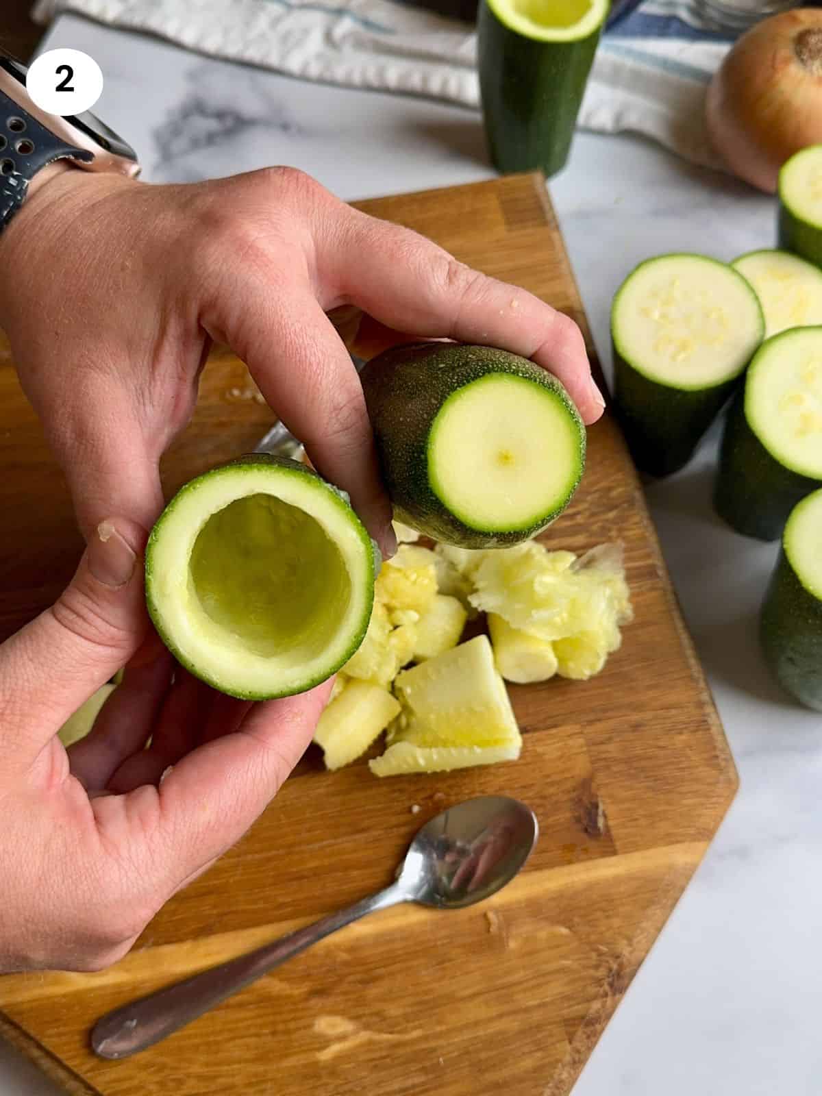 Emptied zucchini with bottom intact.