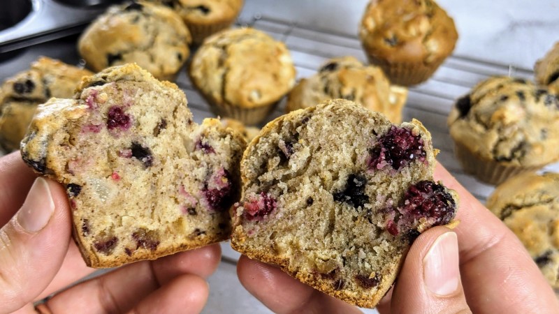 Sugar free blackberry muffin cut in half.