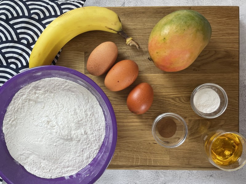 Ingredients for sugar-free mango & banana bread.