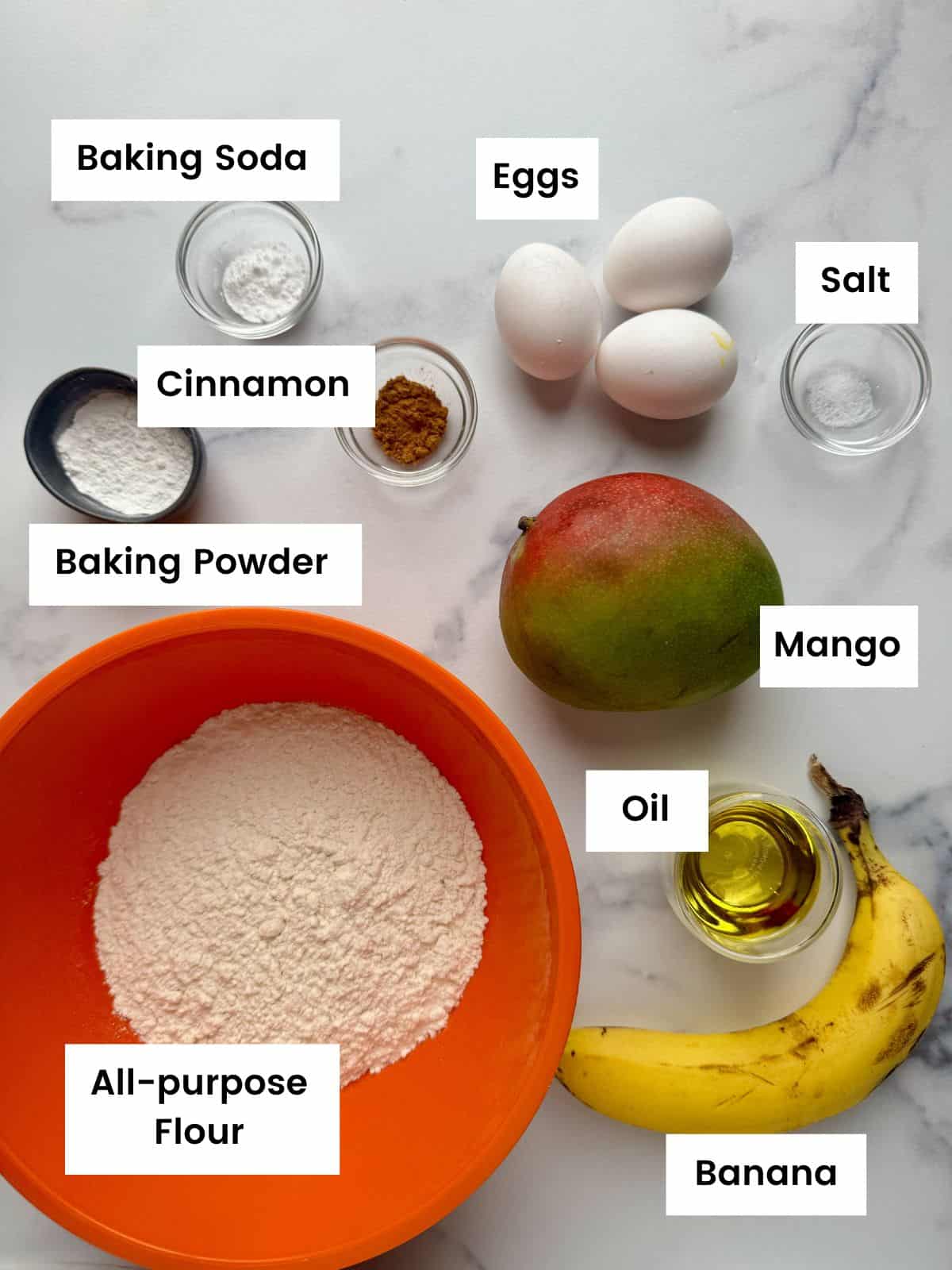 Ingredients for sugar-free mango & banana bread.