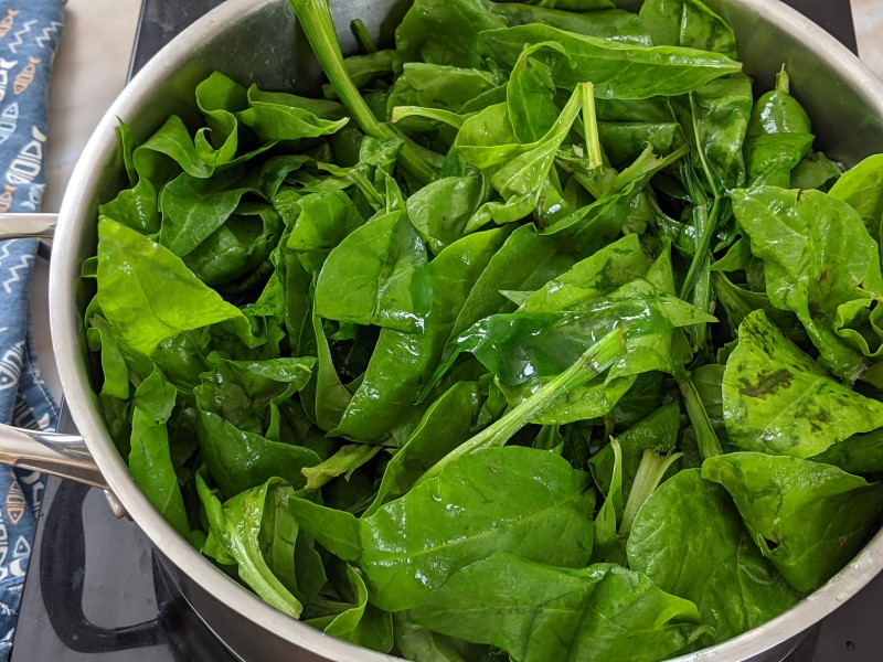 Swiss chard in the pot to be cooked.