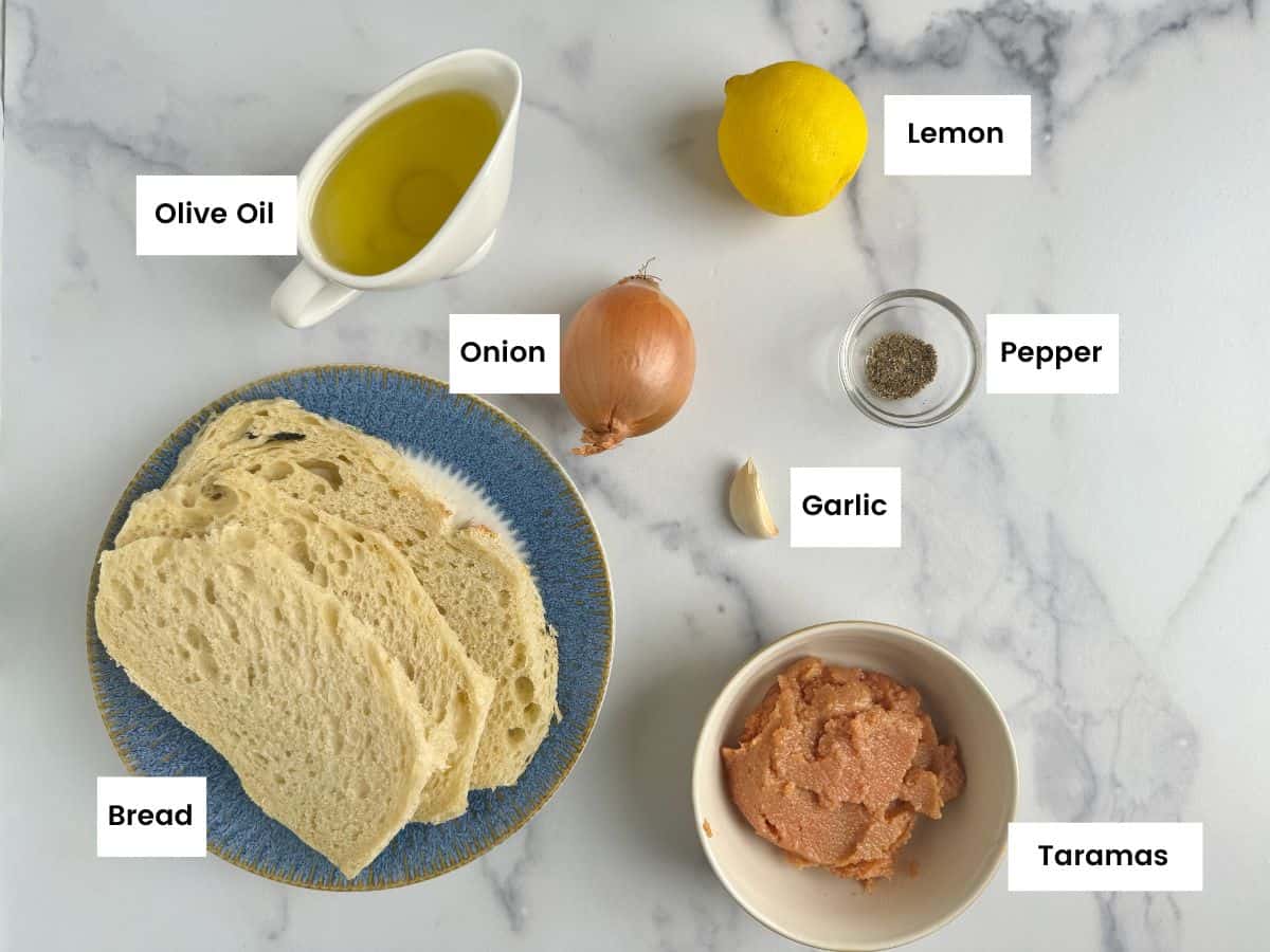 Ingredients for Greek taramosalata dip.