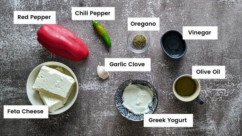 Ingredients for Greek spicy feta cheese dip Ingredients for Greek spicy feta cheese dip.