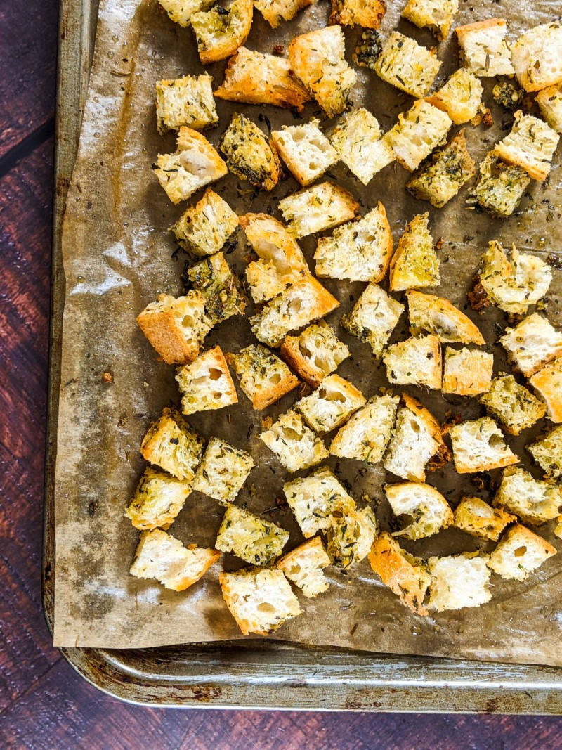 Homemade Croutons on a tray when they come out of the oven