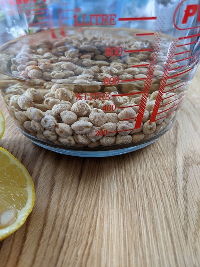 Dry chickpeas in water left to soak overnight.