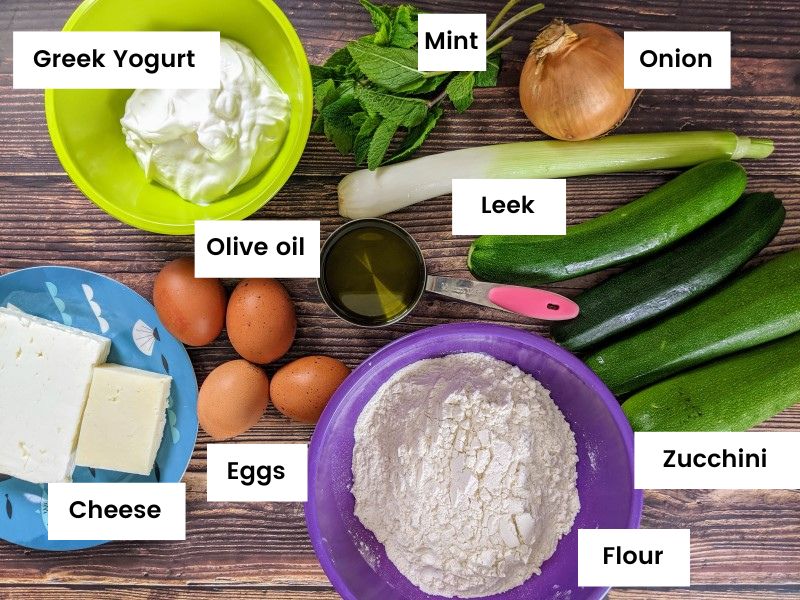 Ingredients for crustless zucchini pie.